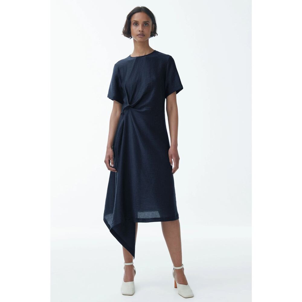 Cos Navy Minimalist Elegant Lagenlook Lyocell Knot Drape Dress-size 4 (EU 34)